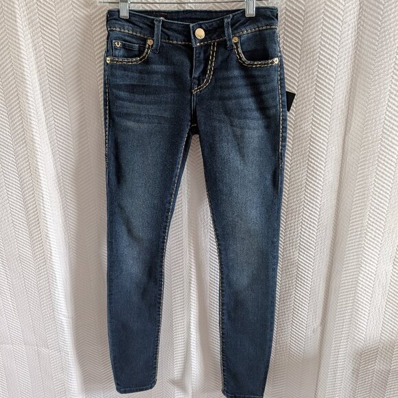 True Religion Jeans Halle Mid Rise Super Skinny Jean Dark Blue Wash Size 24 - Picture 1 of 12